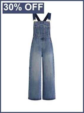 Denim Overalls Bib Jean Wide Leg Jumpsuit Adjustable Straps Cotton Blend